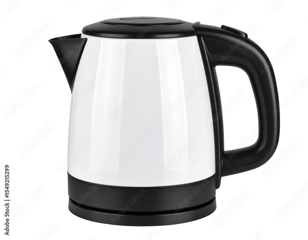 Electric kettle with a sleek white body and black handle, spout, and base designed for quick boiling of water. Electric kettle with a sleek white body and black handle, spout, and base designed for quick boiling of water.