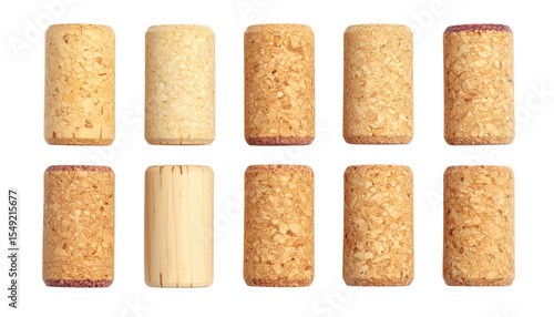 Ten natural cork wine stoppers arranged in two rows against a dark background.