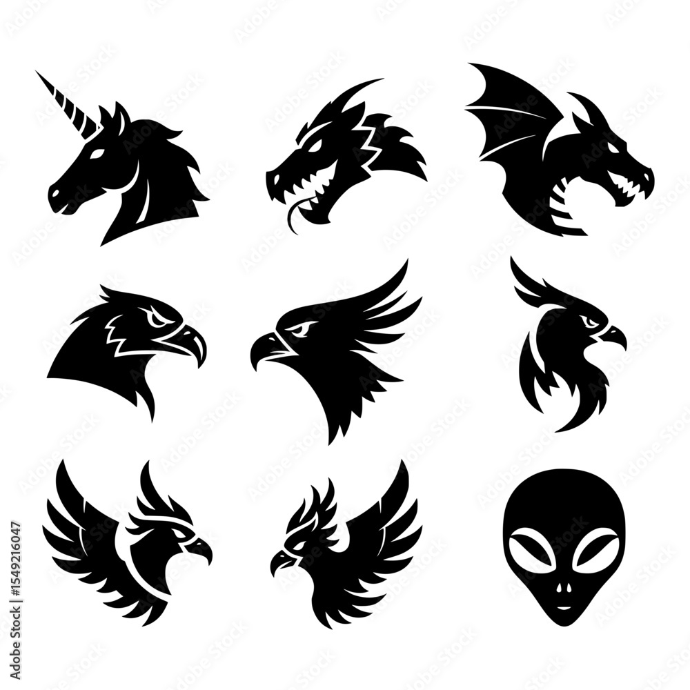 Obraz premium Fantasy Creature Head Icon Set – Minimalist Black Silhouettes on White Background
