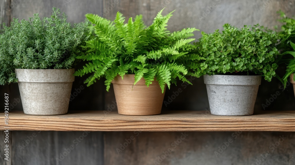 Fototapeta premium This image showcases a variety of lush green plants in modern pots, perfectly arranged on a wooden shelf against a rustic wall, ideal for nature and decor enthusiasts.