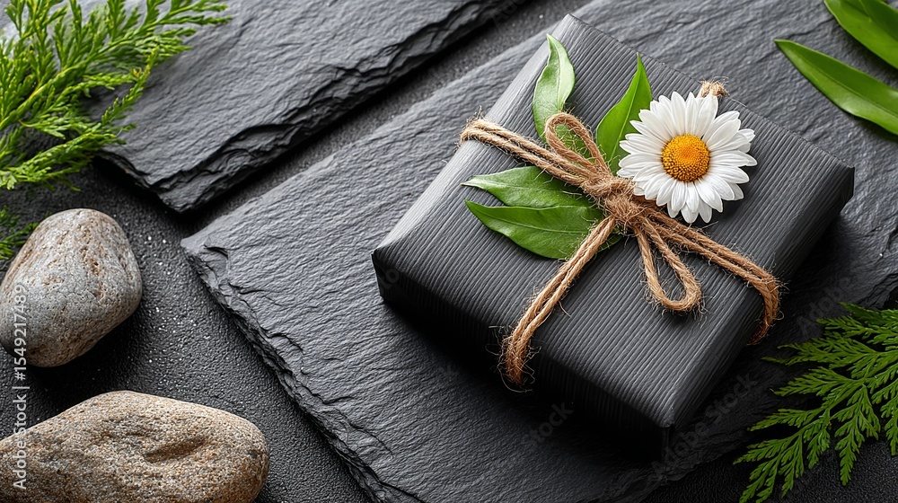 Fototapeta premium Black gift box with daisy and twine on dark slate with natural elements - elegant and simple