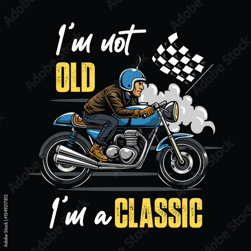 A masculine Man wearing open face crash helmet and jacket riding a blue retro cafe racer motorcycle from side view cartoon illustration