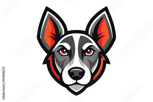 Bold dog head showing intense eyes and detailed fur design in black and white