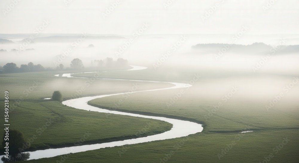Fototapeta premium A serene landscape with a winding river, lush green fields, and misty atmosphere, evoking a sense of tranquility and natural beauty.