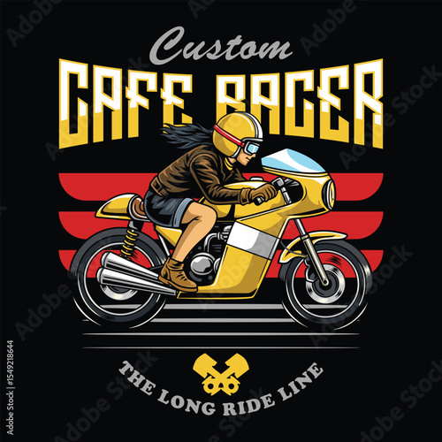A Beautiful woman wearing open face crash helmet and sunglasses riding a yellow retro cafe racer motorcycle from a side view cartoon illustration