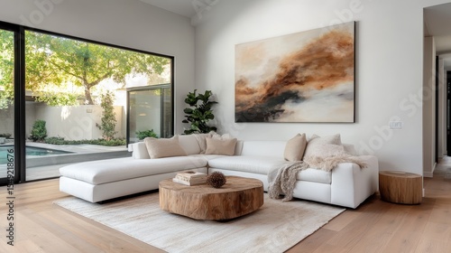 This elegant living room combines minimalistic design with soothing colors and natural light, showcasing a cozy space perfect for family gatherings and relaxation.