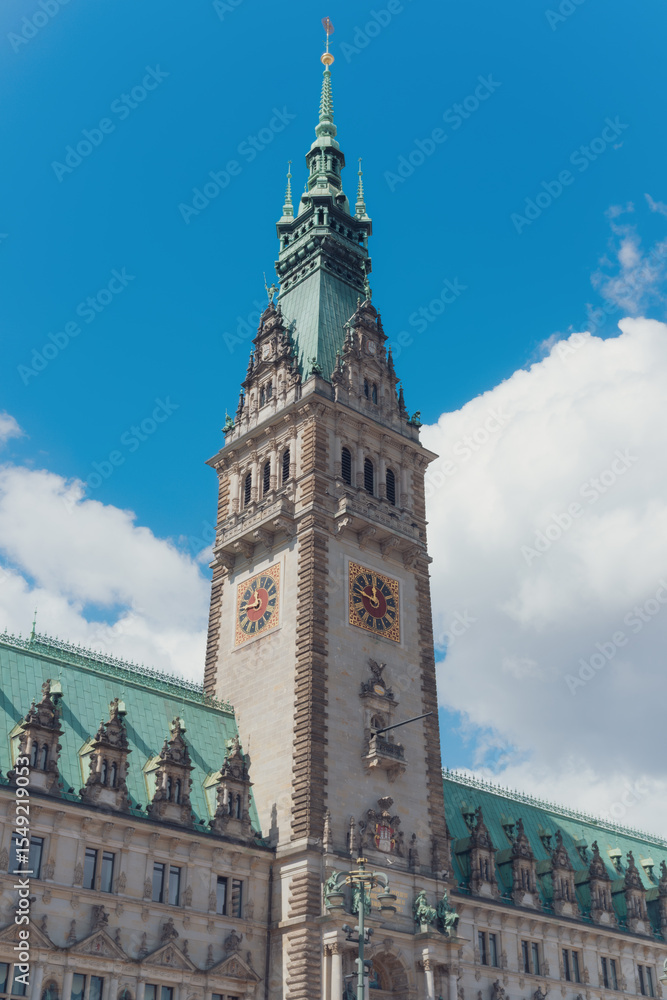 Obraz premium Elegant Tower of Hamburg Rathaus Set Against a Cloudy Blue Sky.
