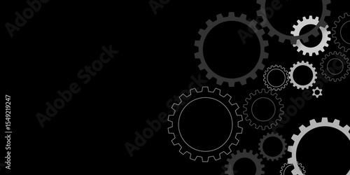 Gear texture industry icon on black background. Gear wheel rotation, mechanical engineering, technology and innovation, black and gray cogwheel system, copy space for text vector background design. 