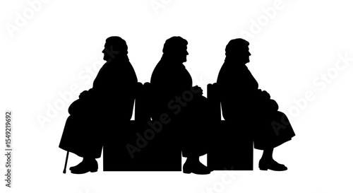 Three elderly women sitting patiently in line on a transparent  background
