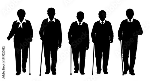 Silhouettes of five elderly people walking with canes against a white background