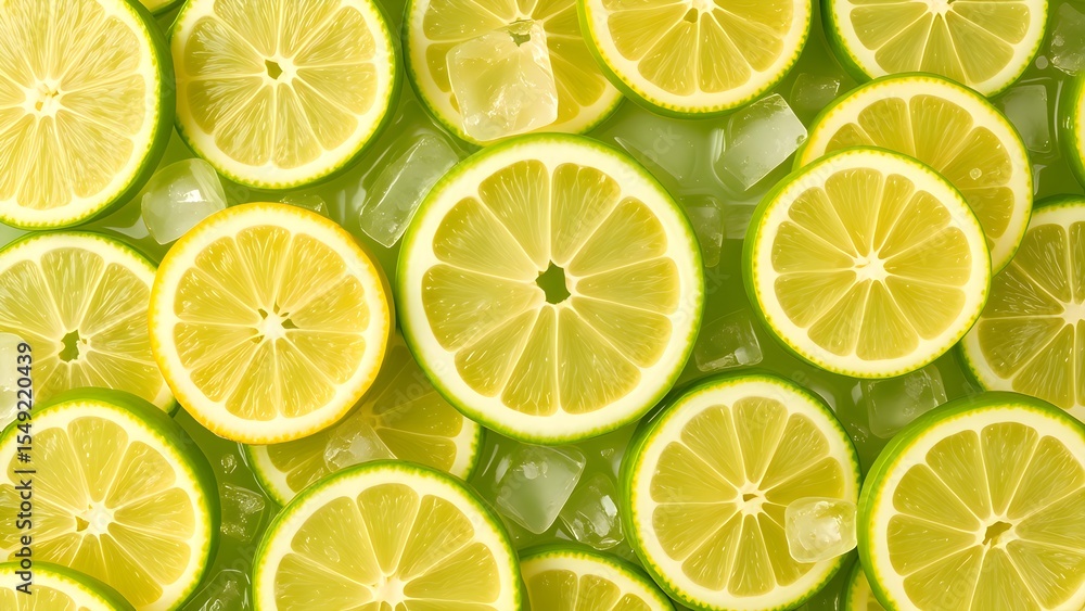 Obraz premium Top view of vibrant lemon slices with ice cubes on a green background. Bright, juicy citrus texture ideal for summer, drinks, freshness, health, and tropical food concepts.