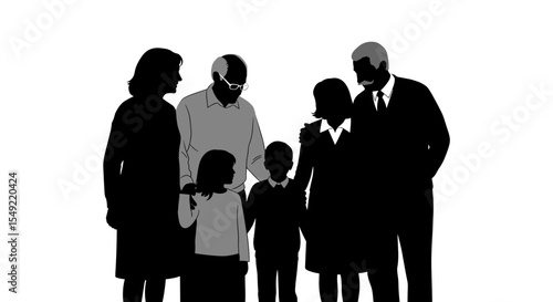 Silhouettes of a family gathered around an elderly person against a white background