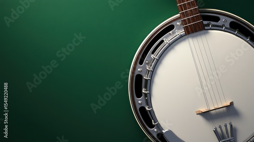 Close-up banjo on a green backdrop