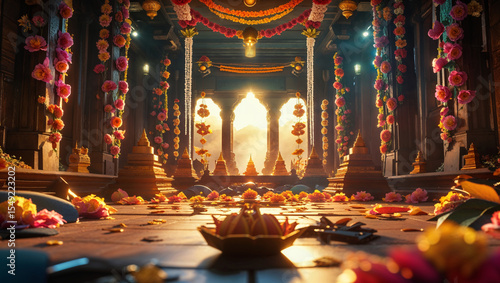 Beautiful indian temple interior decorated with flowers and offering for a celebration
