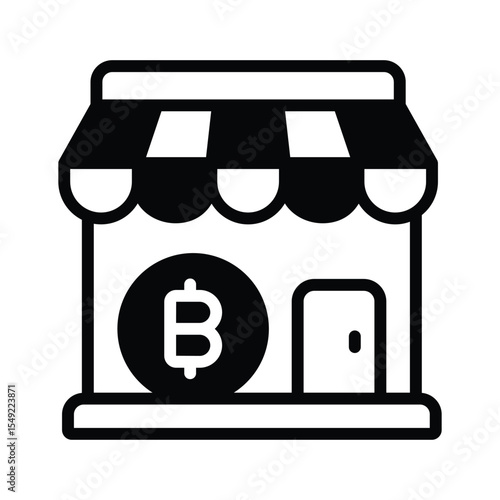 A modern glyph icon of bitcoin store front