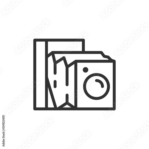 Vintage camera with photo prints, linear icon. Photography, memories, or art documentation. Line with editable stroke.