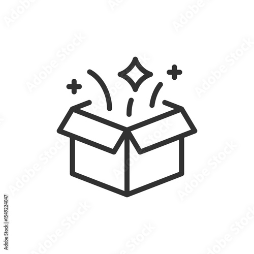 Magic box with sparkles, linear icon. Surprise gift or mystery package. Line with editable stroke.