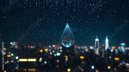 A solitary raindrop captures the soul of a cyberpunk metropolis — within its tiny sphere, a universe of glowing towers, drifting holograms, and endless motion blurs into a dream. A moment suspended in