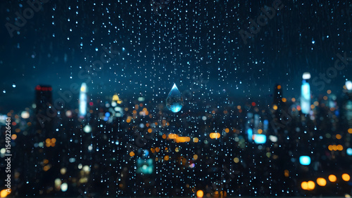 A solitary raindrop captures the soul of a cyberpunk metropolis — within its tiny sphere, a universe of glowing towers, drifting holograms, and endless motion blurs into a dream. A moment suspended in