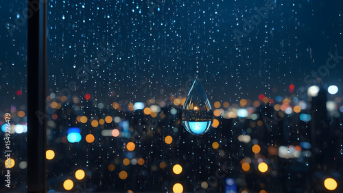 A solitary raindrop captures the soul of a cyberpunk metropolis — within its tiny sphere, a universe of glowing towers, drifting holograms, and endless motion blurs into a dream. A moment suspended in