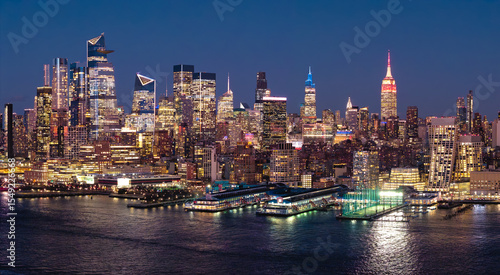 Aerial evening view of New York City skyline with illuminated Midtown Manhattan skyscrapers and Chelsea piers