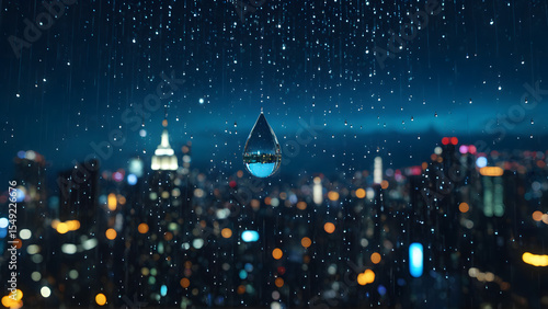 A solitary raindrop captures the soul of a cyberpunk metropolis — within its tiny sphere, a universe of glowing towers, drifting holograms, and endless motion blurs into a dream. A moment suspended in