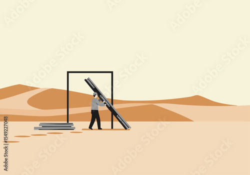 A construction worker installs a frame in a desert landscape. The image showcases a simple, clear setup against a vast, sandy backdrop. Suitable for business, construction, and outdoor themes.