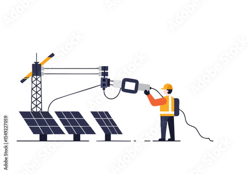 A construction worker installs a secure link on a solar panel array. Modern illustration, bright colors, clean design. Suitable for technology, renewable energy, and construction themes.