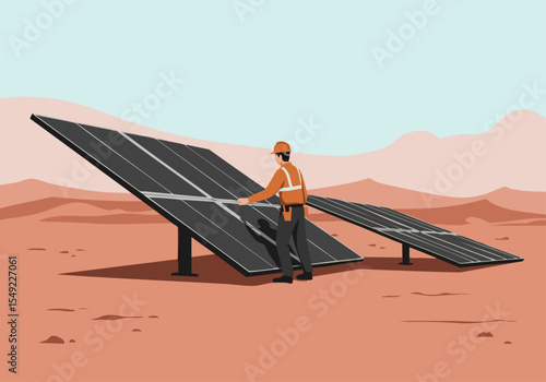 A construction worker adjusts a solar panel on a Martian landscape. The image showcases renewable energy and a futuristic setting. Clear composition and vibrant colors.