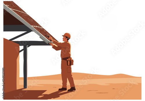 A construction worker installs solar panels under a bright sun. Professional, clean, and showcasing sustainable energy. Ideal for business and environmental themes.