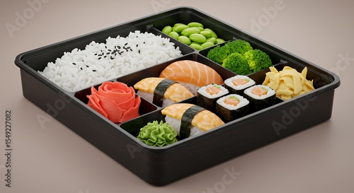 Delightful Bento Box: A Vibrant Array of Sushi, Rice, and Fresh Vegetables, Perfectly Packaged for a Delicious and Healthy Meal.