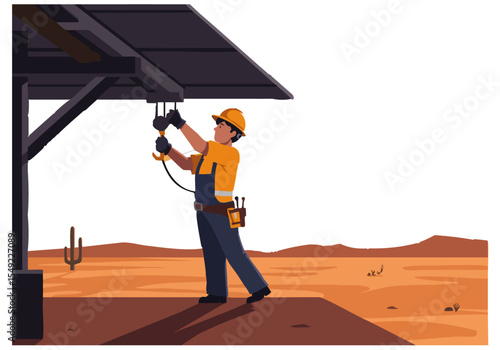 A construction worker installs solar panels under a bright sun. A dynamic
