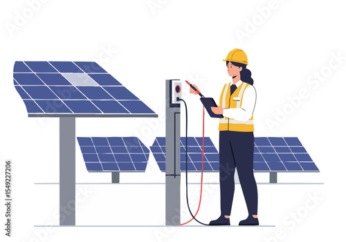 A female engineer inspects solar panels, documenting data with a clipboard. Bright outdoor setting showcasing renewable energy technology. Professional, modern, and visually appealing.