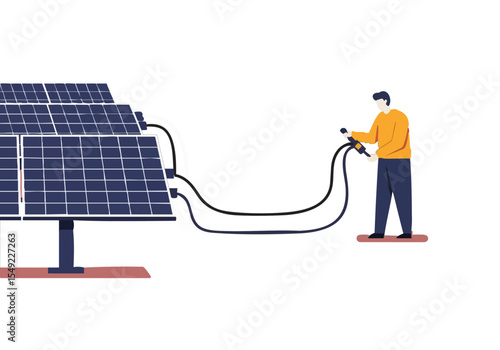 A man inspects solar panel cables outdoors. Modern illustration depicting renewable energy and maintenance. Clean, professional design.