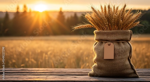 Golden Wheat Harvest Sunset Field with Burlap Sack of Grain
