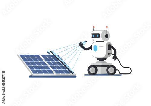A robotic cleaner diligently washes solar panels with a spray, ensuring a clean energy source. Modern, clean design.
