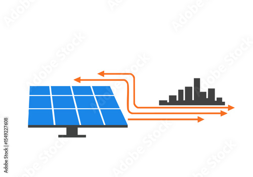 Solar panel illustration showcasing energy flow to a grid. Clean, modern design with bright colors. Ideal for renewable energy concepts and infographics.