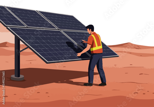 A technician adjusts a solar panel array on a desert landscape. Clear, professional image for renewable energy concepts and technology visuals.
