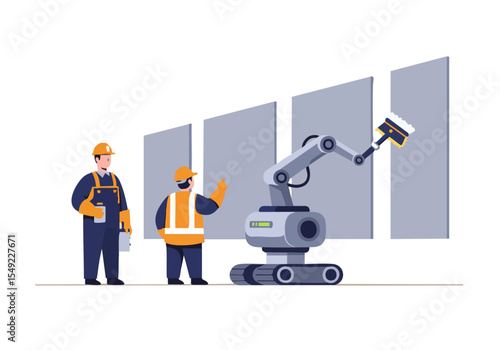 A supervisor oversees a robotic cleaning arm in a modern industrial setting. Two workers in high-visibility gear monitor the automated cleaning process. Clean, bright, and professional.