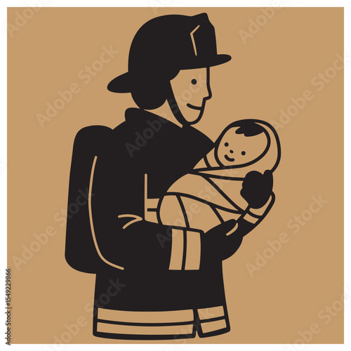 Brave firefighter comforting a swaddled baby symbolizing protection and heroism in times of crisis