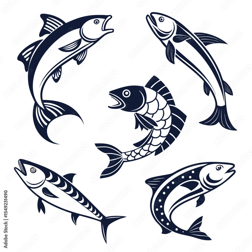Naklejka premium Four Dark Blue Fish Illustrations White Background