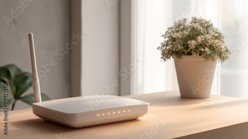 Wireless internet modem with glowing led indicators on a clean minimal desk, designed for fast connection and smart technology lifestyle, ideal for digital workspace or modern home setup