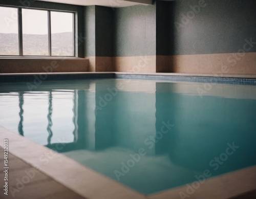 Piscina interna tranquilla con pareti e soffitto grigi.
