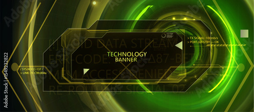 Vector technology banner with glowing green HUD elements, circuit lines and terminal interface text. Ideal for sci-fi dashboards and futuristic user interfaces.

