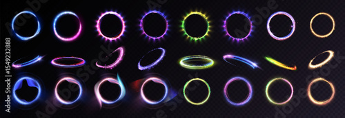 Set of glowing ring elements with various glow effects. Vector light effect for interfaces, game design, and illustrations. HUD.