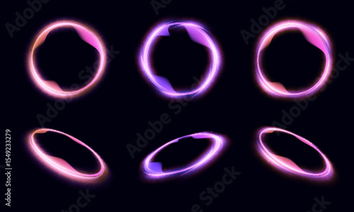 Set of bright glowing futuristic rings and circles with bright purple glow isolated on black background. Vector
