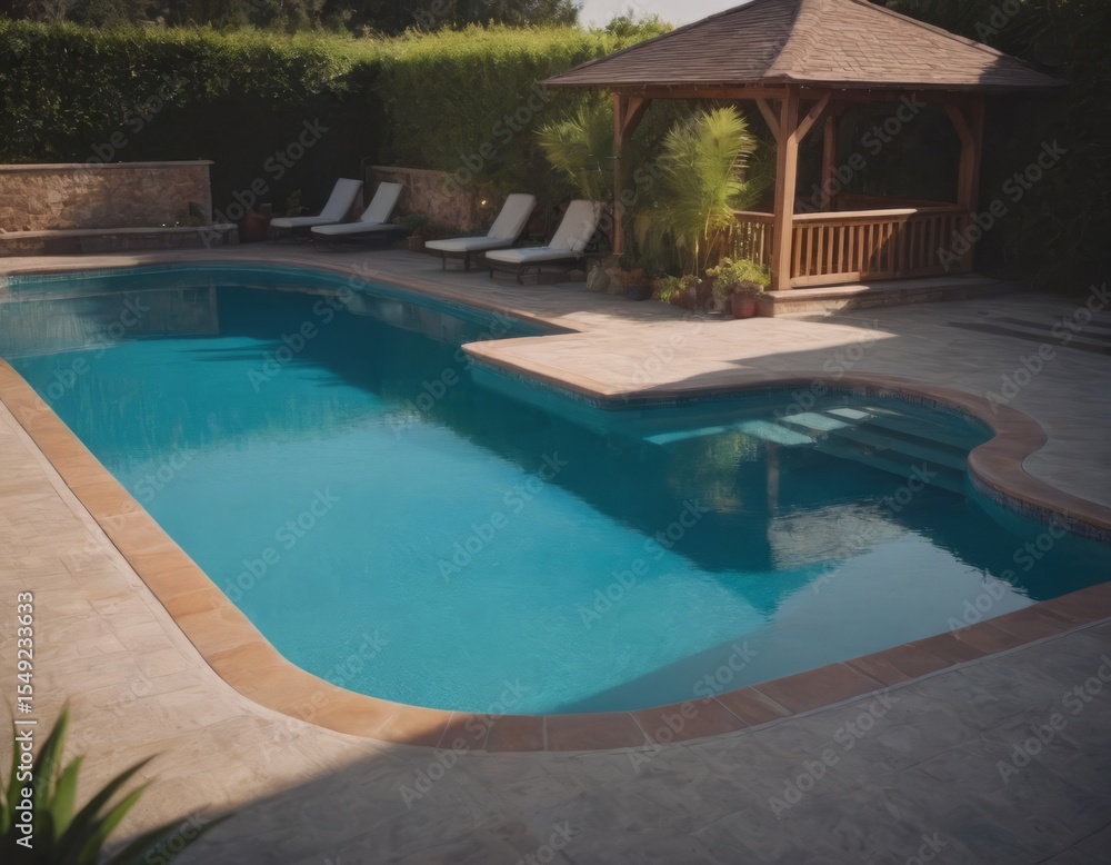 Obraz premium Piscina all'aperto con capanno in legno e lettini.