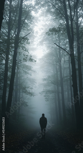 Atmospheric scene of a lone silhouette on a path in a dark, moody forest with dense fog. Conceptual image of mystery, solitude, journey, and introspection. A man walking into the light.