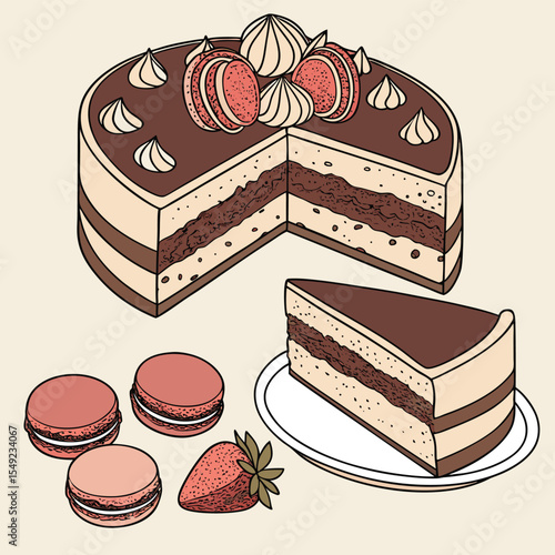 Delicious Dessert Delights: A mouthwatering illustration presents an elegant cake, expertly crafted and invitingly sliced, alongside dainty macaron cookies and a fresh strawberry.