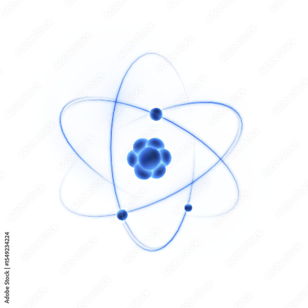 3D model of atom with bright electron orbits on white background. Scientific symbol for projects on physics, nanotechnology, education and chemistry. Vector 3D model of atom with bright electron orbits on white background. Scientific symbol for projects on physics, nanotechnology, education and chemistry. Vector